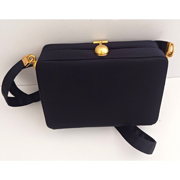 VTG Jay Herbert Blk Box Bag Brushed Gold Top Clasp Crossbody Strap Made Korea - Picture 14 of 14
